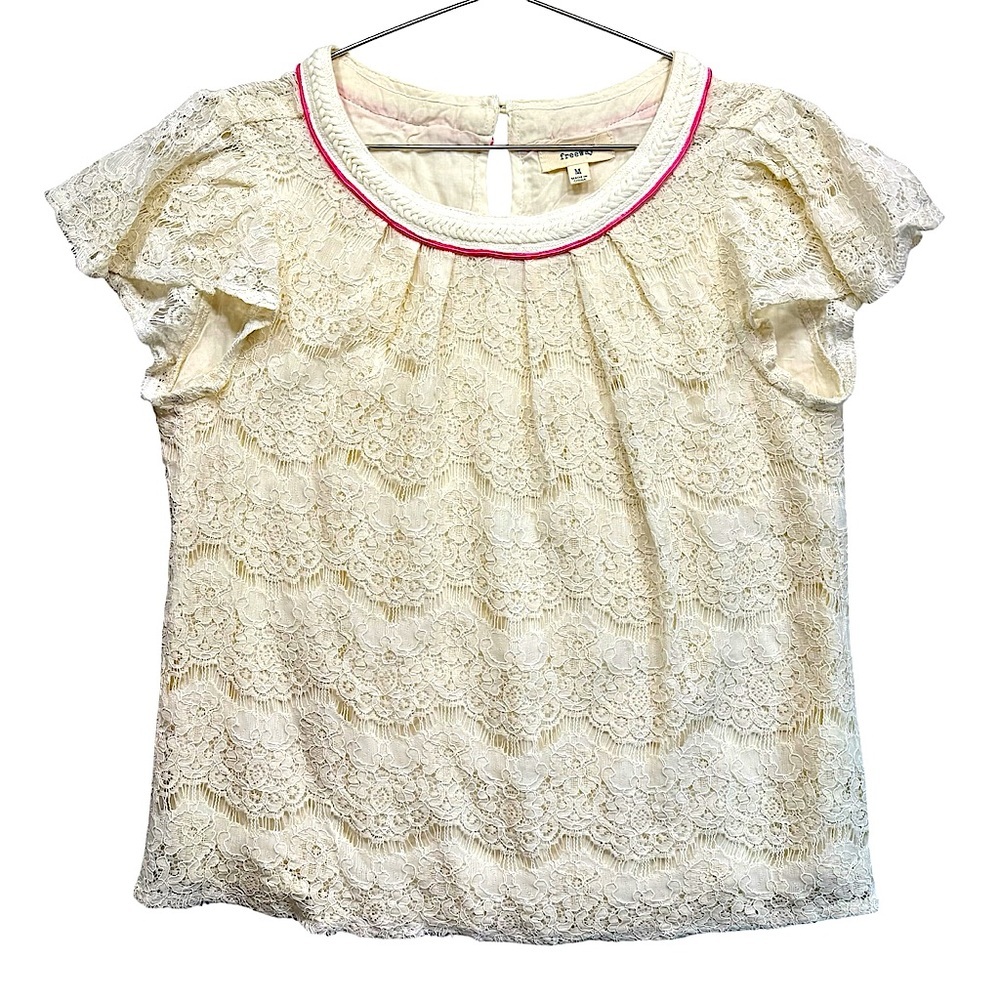 Cream Lace Top Flutter Sleeve Pink Trimmed Fairy Boho Feminine Romantic Medium